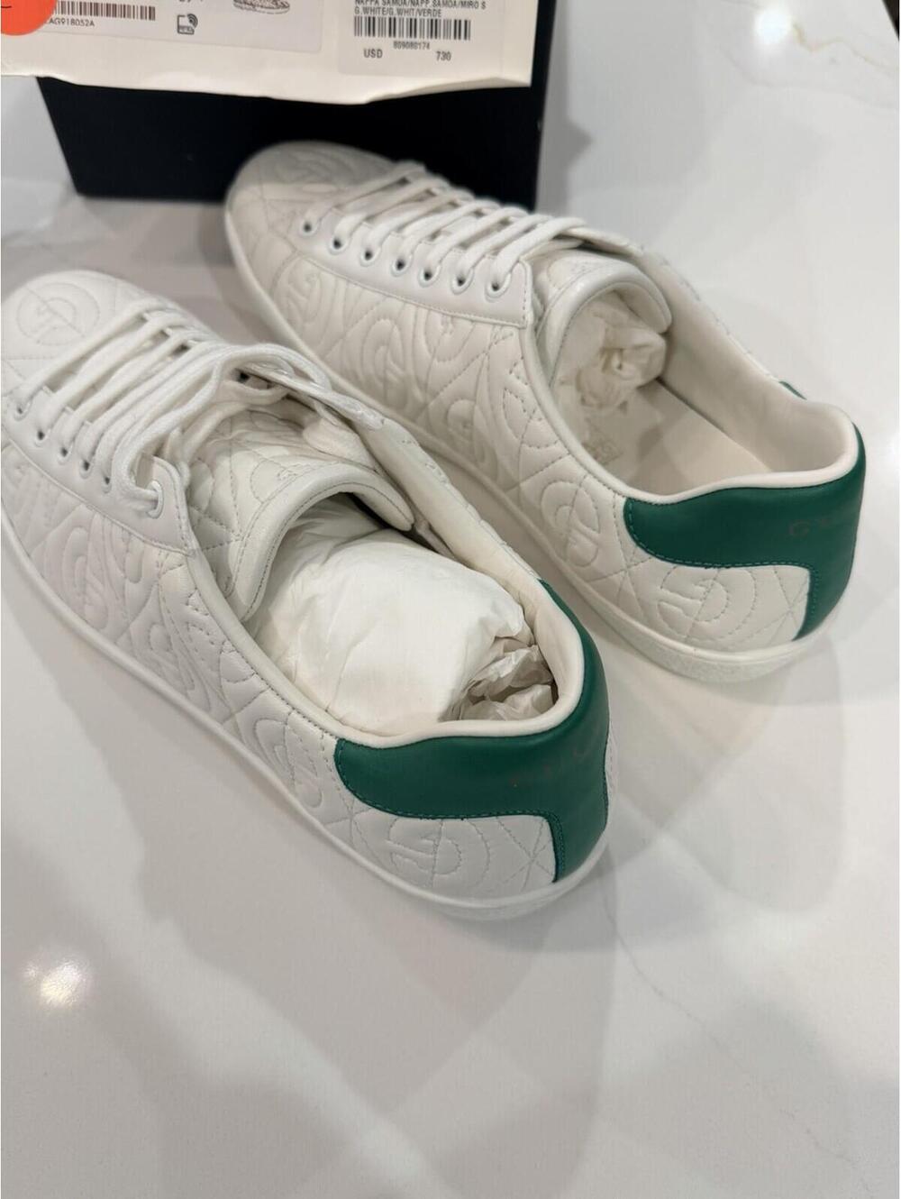 Gucci White Green Quilted Leather Low Top Sneakers Mens Sz G7+ US Sz 8 8.5 - Picture 4 of 9